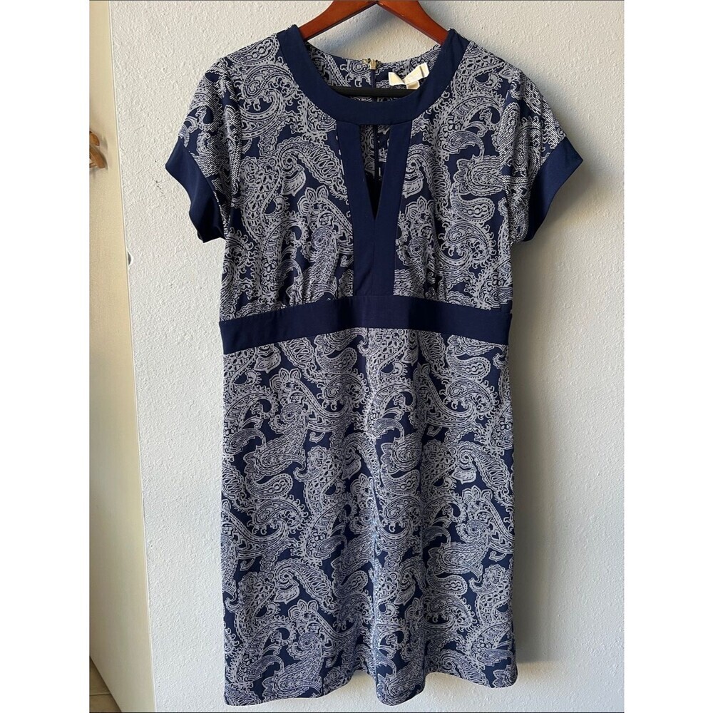 Michael Kors Navy and White Paisley Short Sleeve Dress